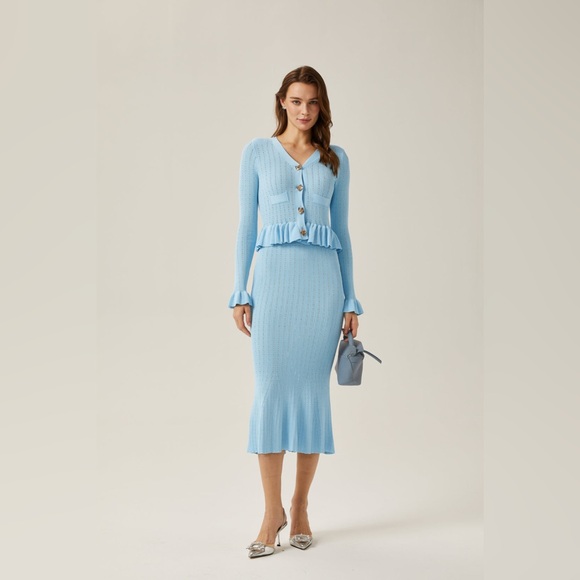 121. HIGH END Ruffled Knit Top and Flared Skirt Set in Blue - Picture 4 of 5